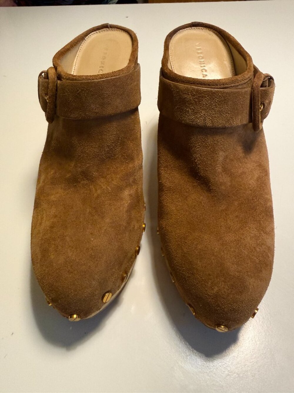 Veronica Beard Wooden Chunky Heels Buckle Leather/Suede Clogs Women Size 10 M